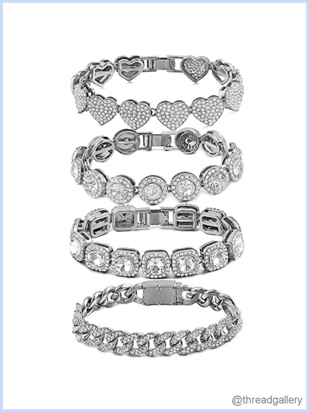 4 Piece Layered Bracelet Set, Sparkling Rhinestone Tennis and Cuban Chain